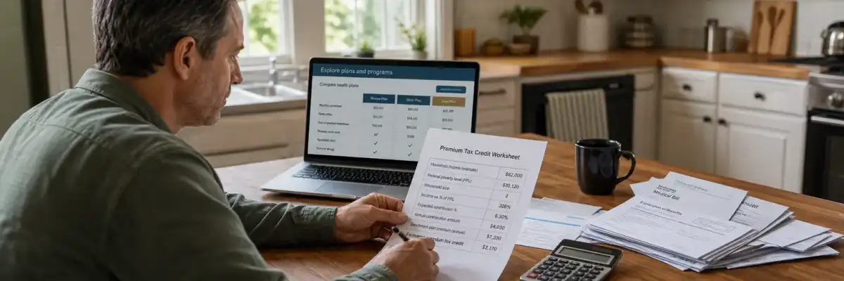 Self-employed adult at a kitchen table comparing 2026 marketplace health plans on a laptop next to a printed premium tax credit worksheet