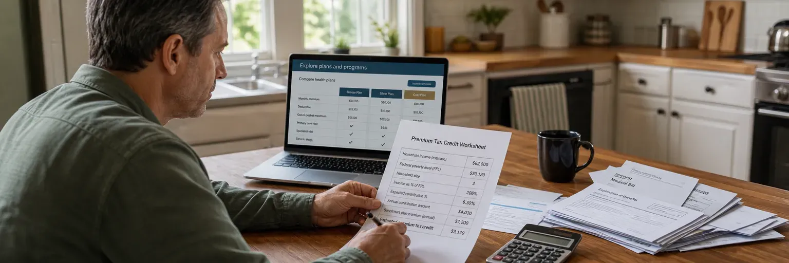 Self-employed adult at a kitchen table comparing 2026 marketplace health plans on a laptop next to a printed premium tax credit worksheet