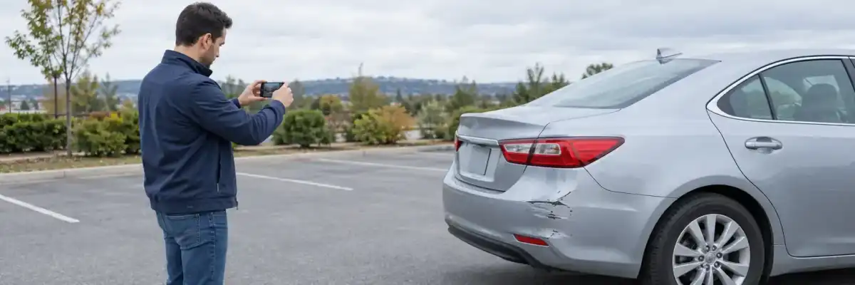 Driver photographing minor bumper damage for an auto insurance claim
