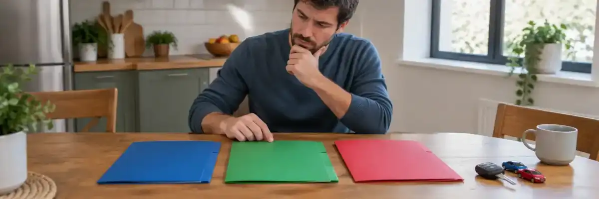 Driver comparing auto insurance coverage options at a kitchen table
