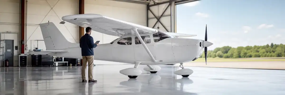 Small single-engine aircraft in a hangar during a preflight inspection with blank planning materials