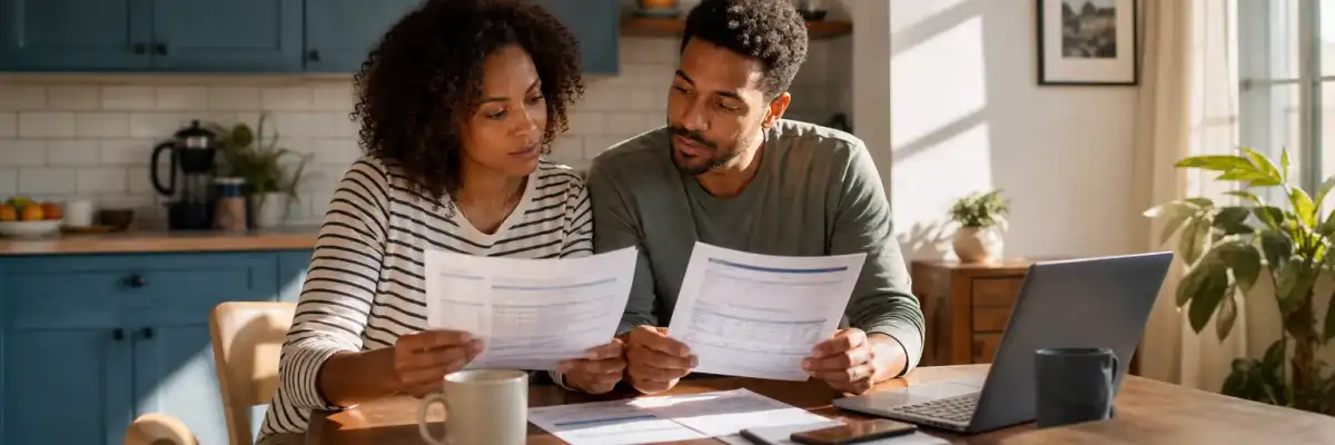 Family at a kitchen table comparing two printed health-plan summary sheets with premiums, deductibles, and network columns alongside a laptop
