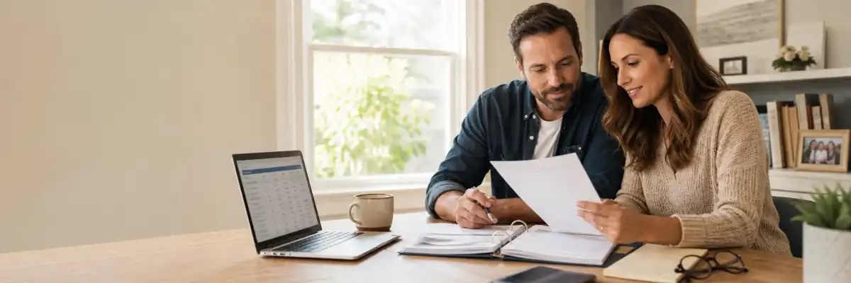 Couple reviewing life insurance options together at a kitchen table with a laptop and notebook