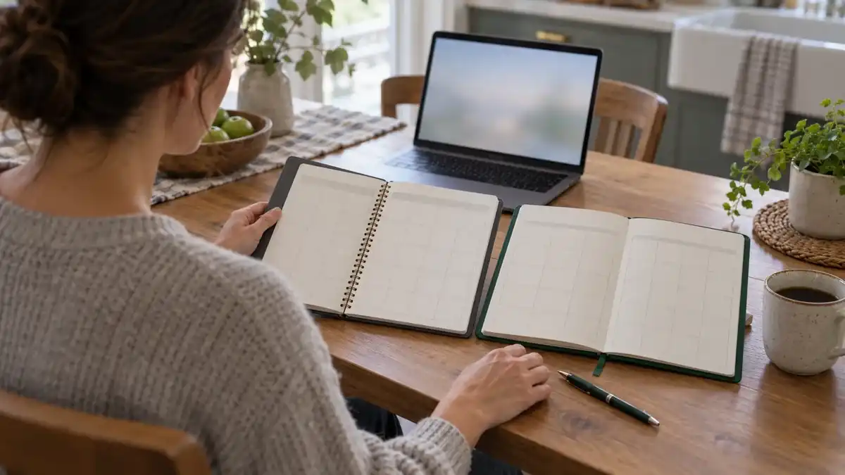 Adult comparing two calendar planners beside a laptop at a kitchen table
