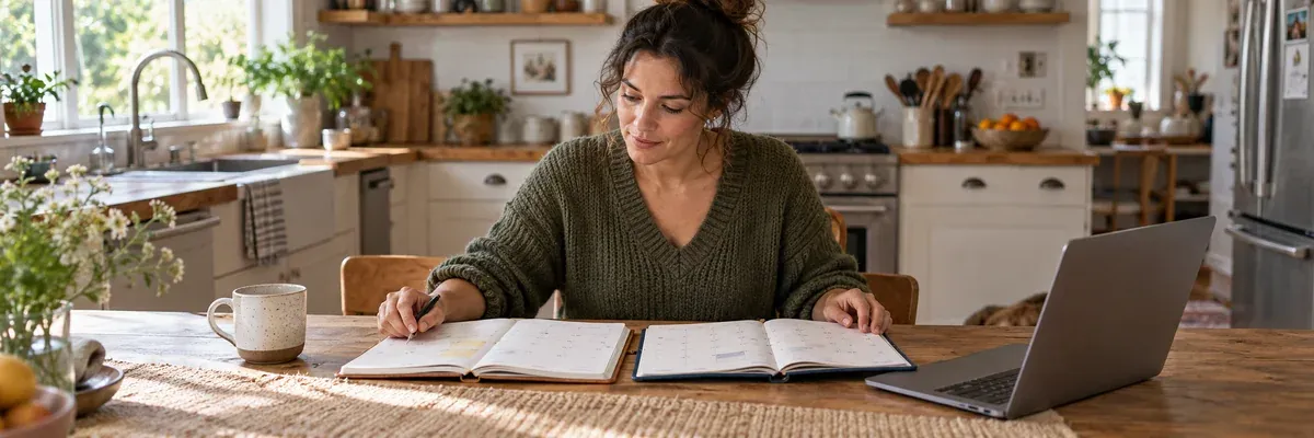 Adult comparing two calendar planners beside a laptop at a kitchen table