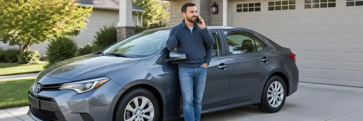 Driver speaking on a phone beside a car after an accident