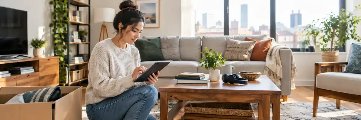 Renter taking inventory in a sunlit apartment