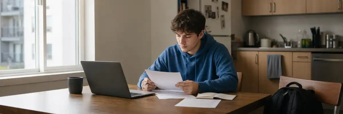 Young adult reviewing insurance paperwork at a kitchen table with a laptop and backpack nearby