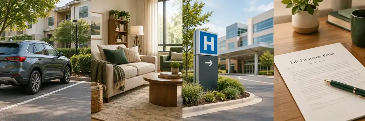 Illustrated collage of everyday insurance scenarios — a car, a home living room, a hospital sign, and a life-insurance policy — representing common coverage questions