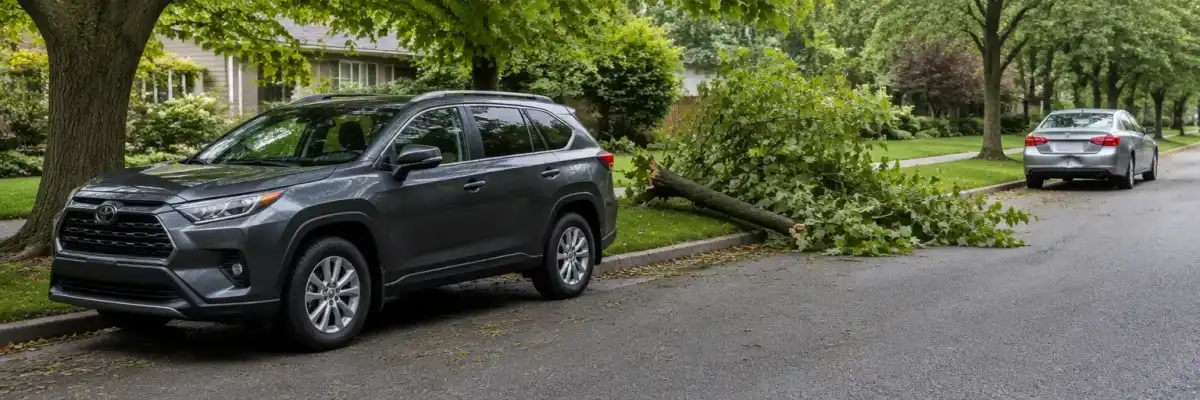 Two parked cars showing weather and collision risk contexts