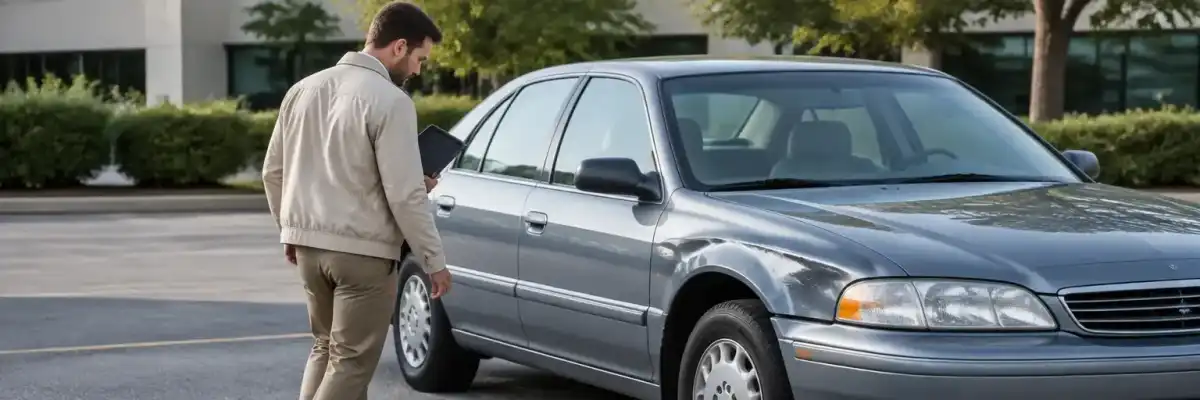 Auto appraiser inspecting a car with fender damage for a total-loss assessment