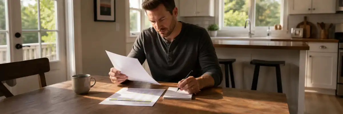 Adult at a kitchen table reviewing an insurance declarations page and a printed deductible-tier comparison sheet showing $500, $1,000, and $2,500 options