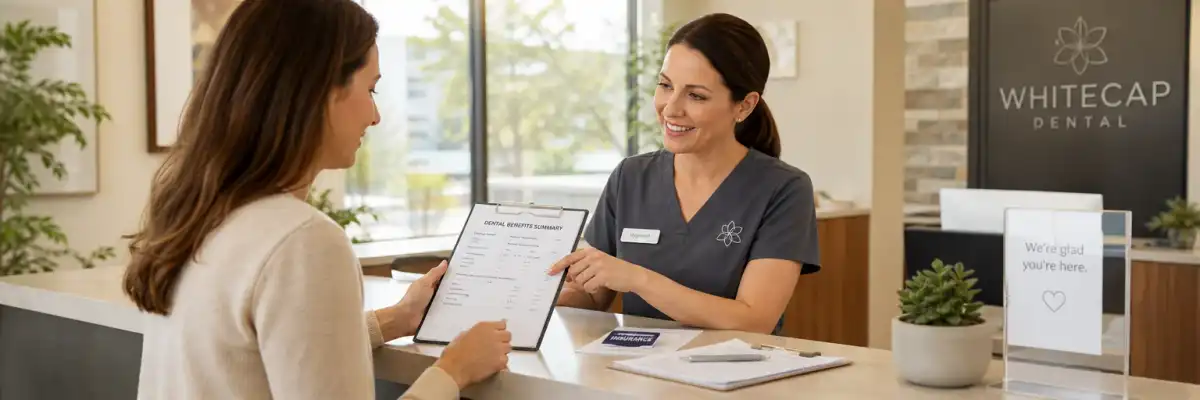 Adult patient reviewing a printed dental benefits summary with a friendly hygienist at a daylit reception desk