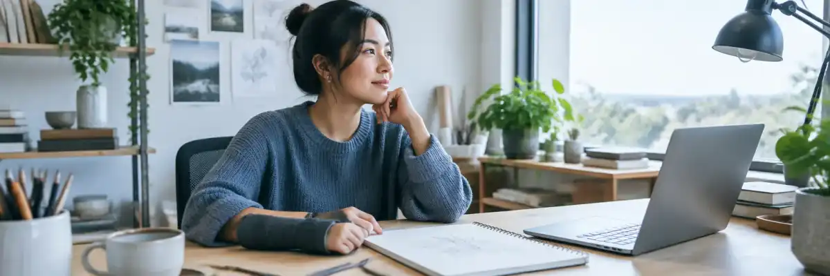 Self-employed professional working at a home studio desk while wearing a wrist brace