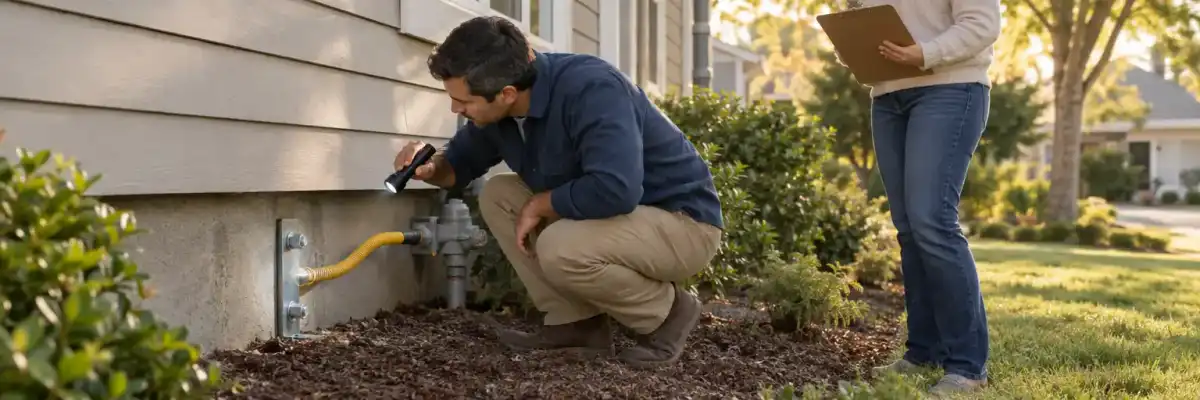 Homeowner checking a house foundation and flexible gas connection