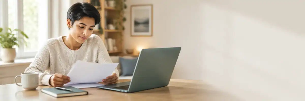 Young adult at a home-office table reviewing insurance paperwork and a laptop while shopping for a first policy