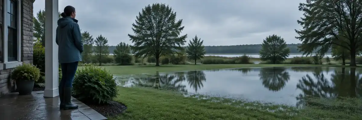 Homeowner observing standing water from a raised porch after rainfall