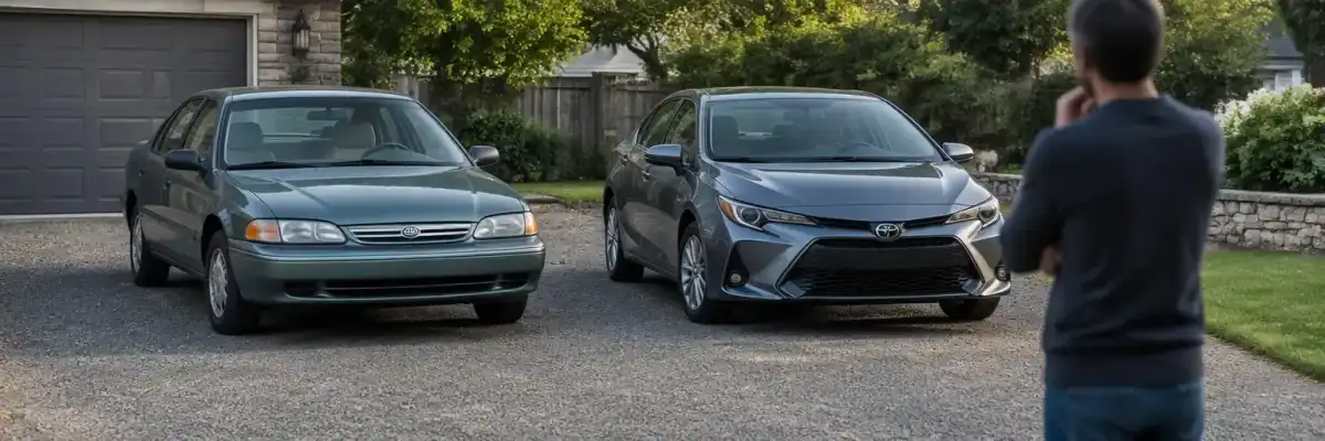 Two everyday cars in a driveway representing different coverage needs