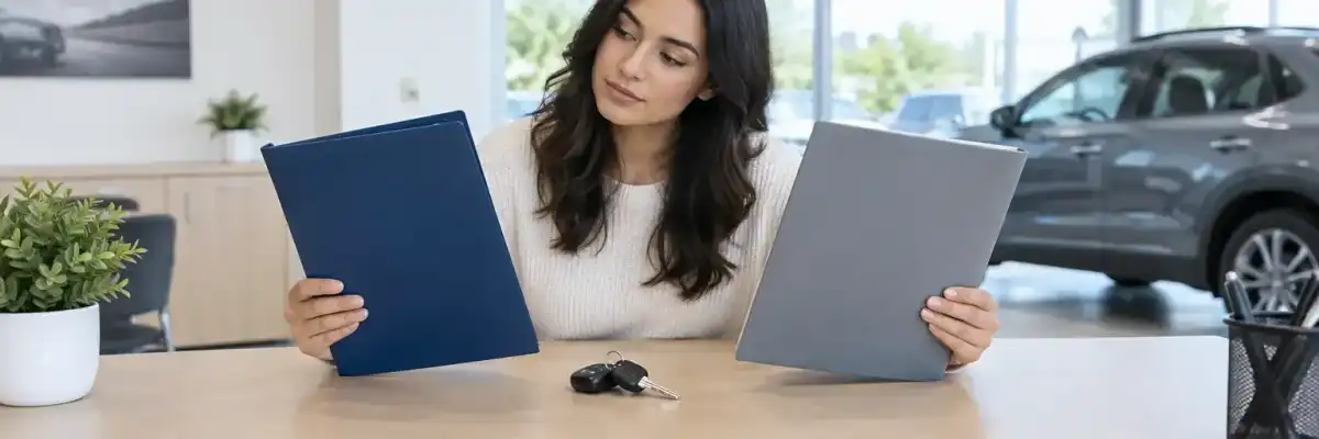 Recent car buyer comparing vehicle loan and insurance folders
