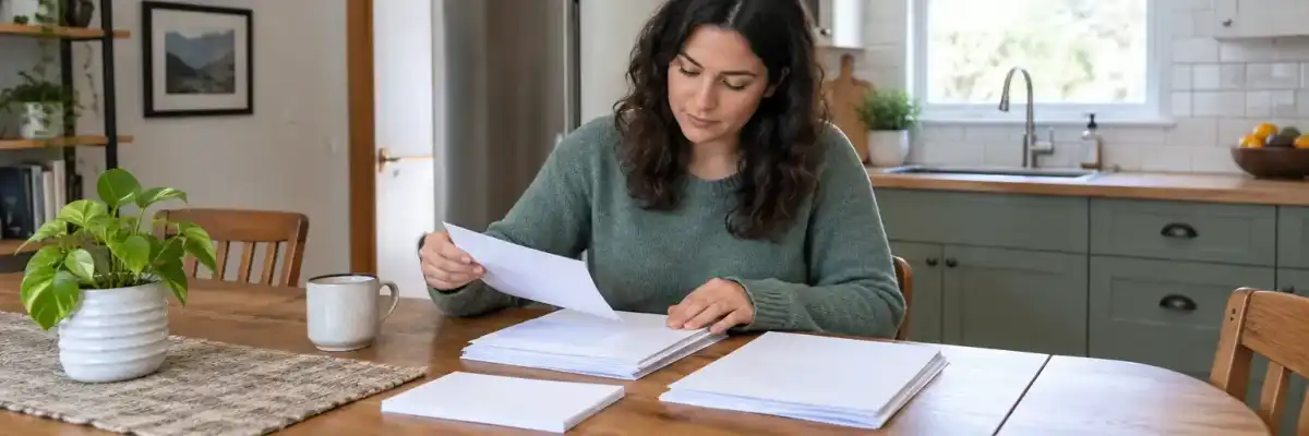 Consumer organizing health insurance claim documents at a kitchen table