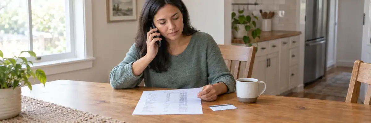 Adult reviewing a health insurer's provider directory on a phone next to plan paperwork at a kitchen table