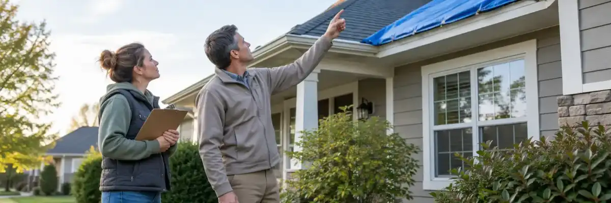 Homeowner and adjuster inspecting a roof for a home insurance claim