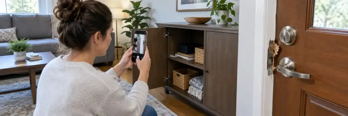Homeowner documenting a damaged door lock and open cabinet after theft