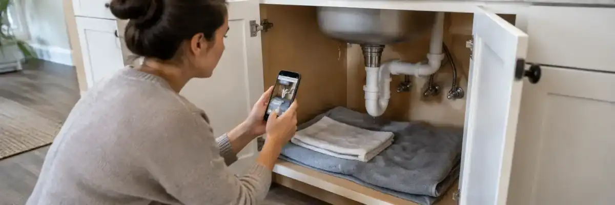 Homeowner documenting a small leak beneath a kitchen sink