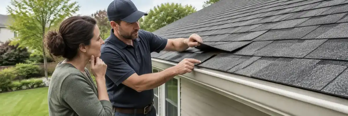 Homeowner and contractor inspecting lifted roof shingles