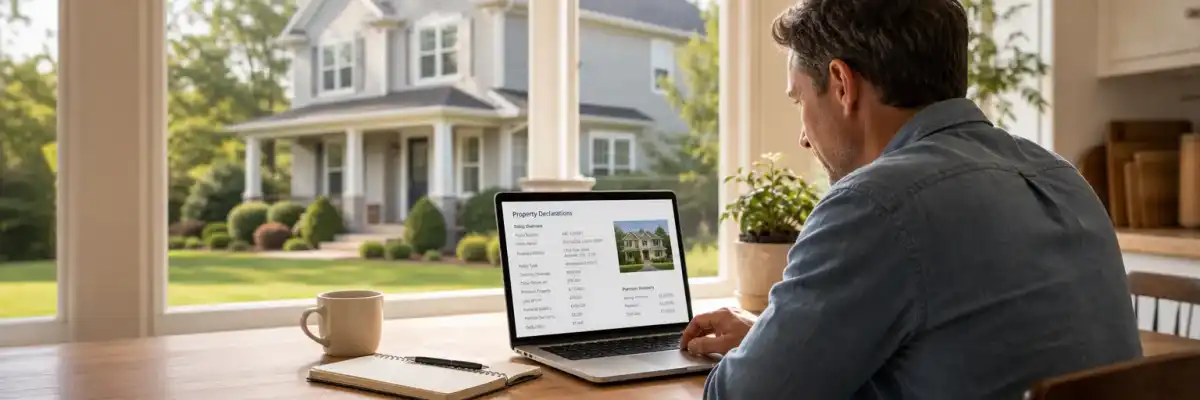 Homeowner reviewing a homeowners insurance policy on a laptop at a kitchen table