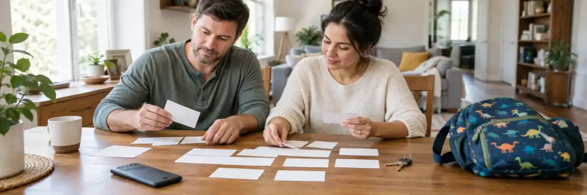 Couple sorting household planning cards with a child’s backpack and house keys