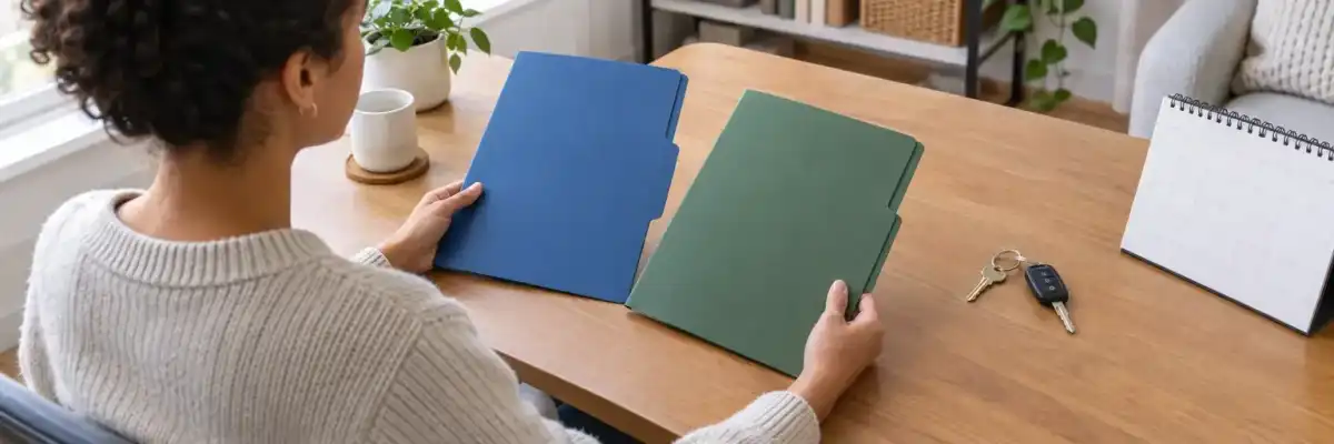 Consumer comparing policy folders beside house and car keys
