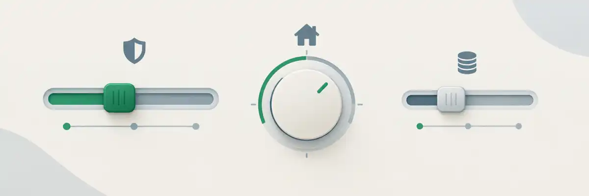 Abstract illustration of three adjustable controls representing liability limits, property limits, and deductible — the three levers of choosing insurance coverage