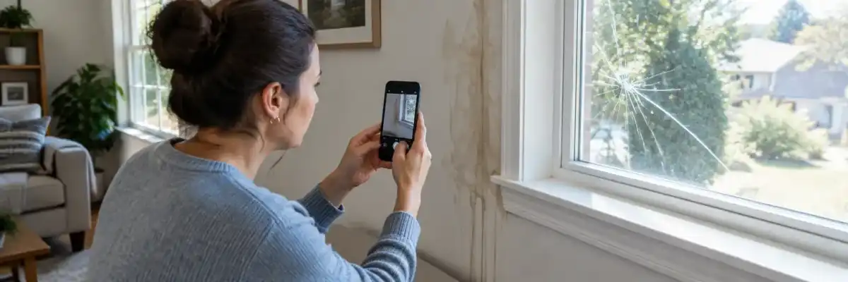 Homeowner photographing a cracked window and water-stained wall