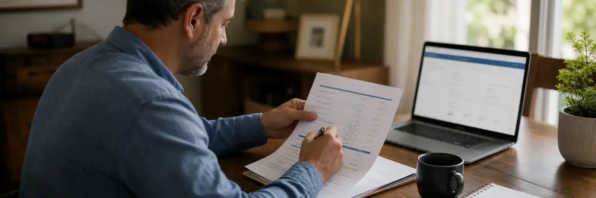 Adult at a home desk reviewing an insurance declarations page with a pen circling the coverage limits and deductible amounts on the printed sheet
