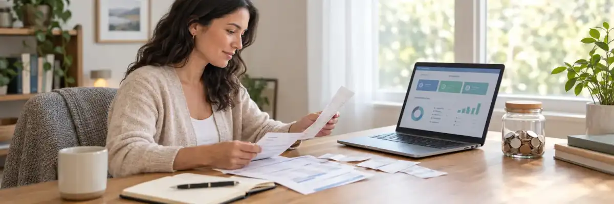 Adult reviewing pharmacy receipts and a benefits portal on a laptop while budgeting for healthcare expenses
