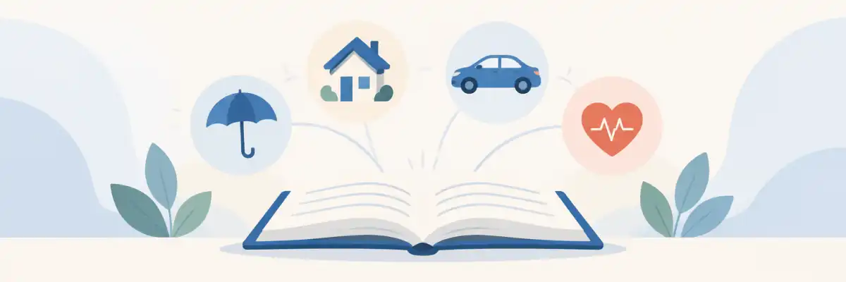 Illustrated foundations diagram with an open notebook and abstract insurance icons — an umbrella, a house, a car, and a heart — representing the basic building blocks of any insurance policy