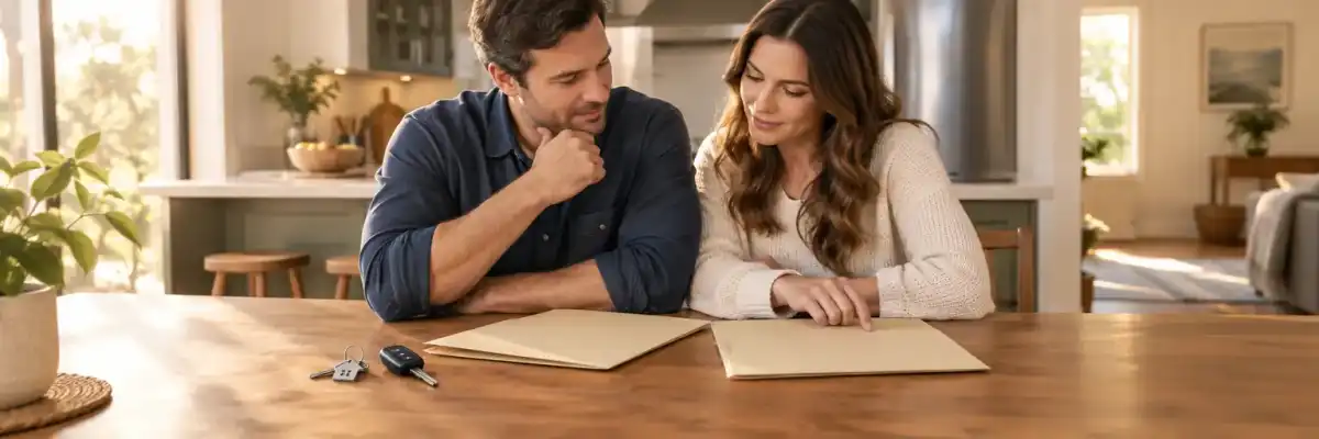 Couple organizing home and car insurance decisions