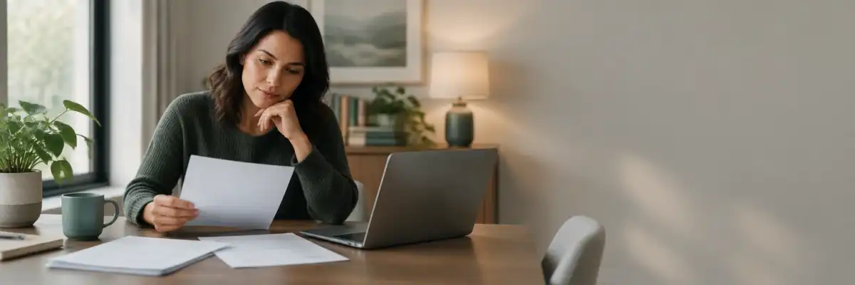 Consumer at a home-office desk reviewing insurance paperwork and a laptop while researching how to file a formal complaint