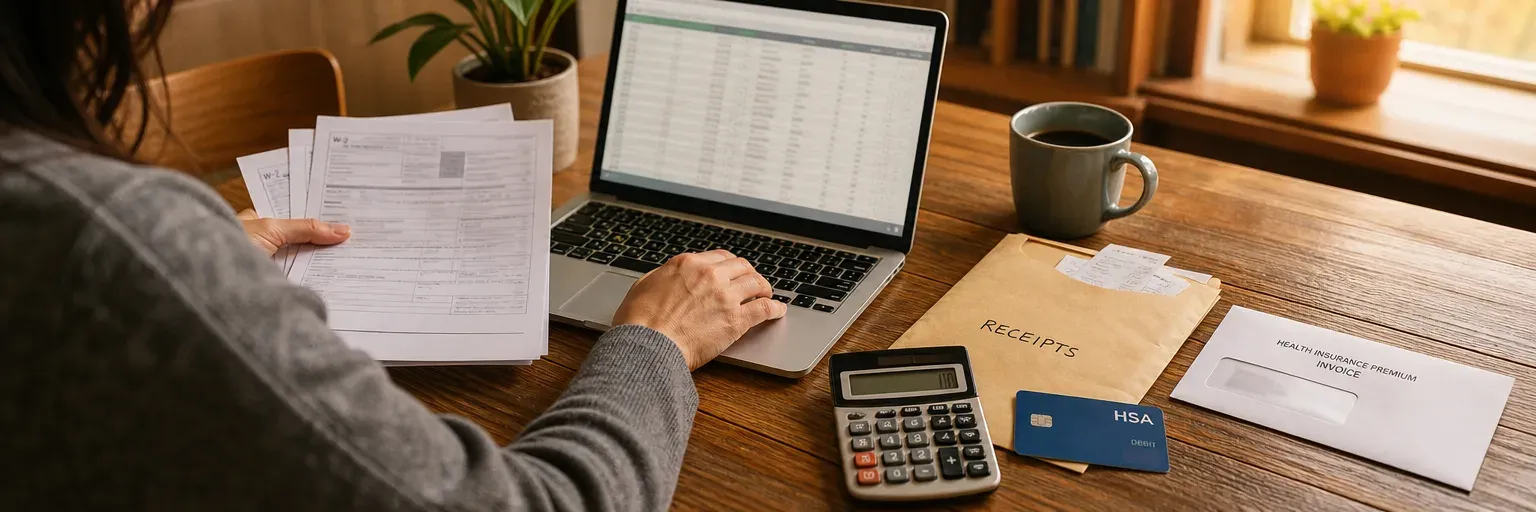 Self-employed adult at a home-office desk doing April tax prep — a laptop next to a printed 1099 stack, a receipts folder, a calculator, and an HSA card as thematic cues for insurance-related tax deductions.