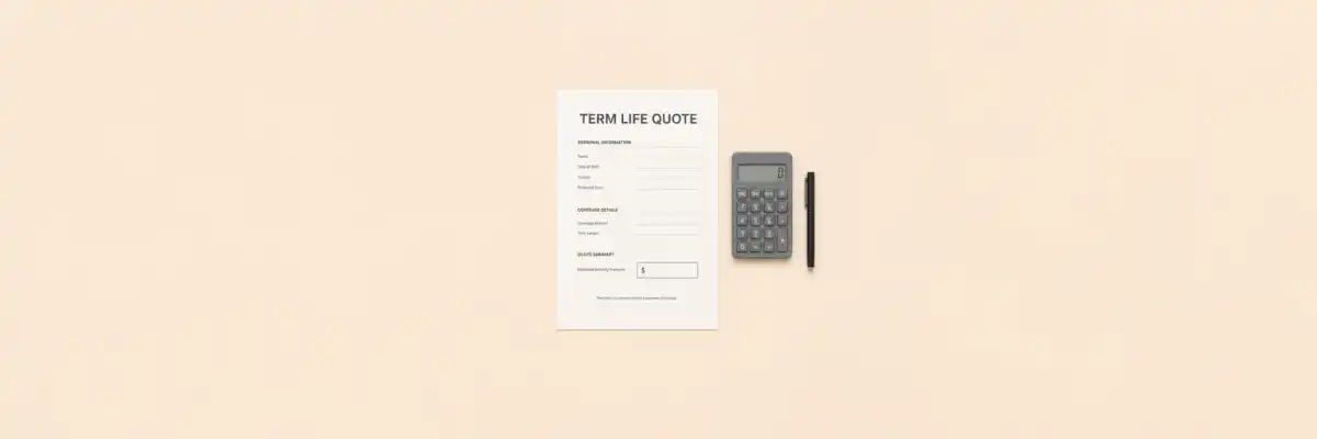 Flat-lay of a printed term life insurance quote sheet beside a calculator and pen on a pale neutral desk