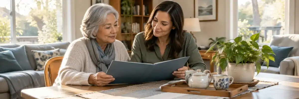 Older adult and adult daughter reviewing a care-planning folder together