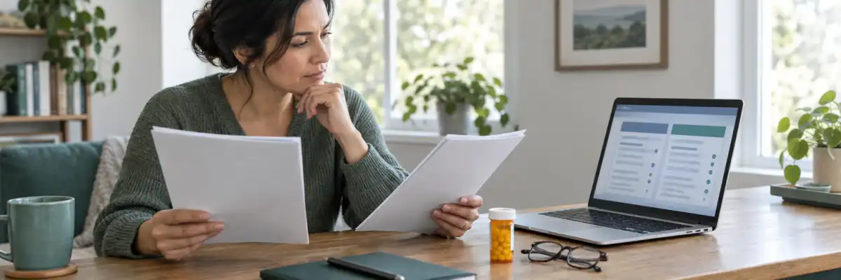 Adult comparing health plan documents and prescription coverage at a home desk