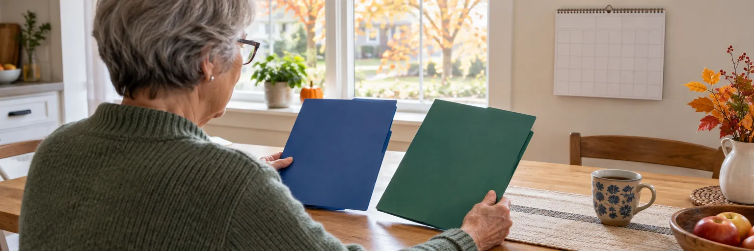 Older adult comparing Medicare plan options at a kitchen table