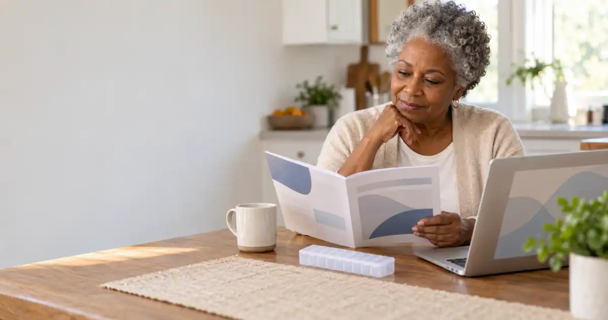 Older adult comparing a prescription plan booklet and pill organizer at a kitchen table