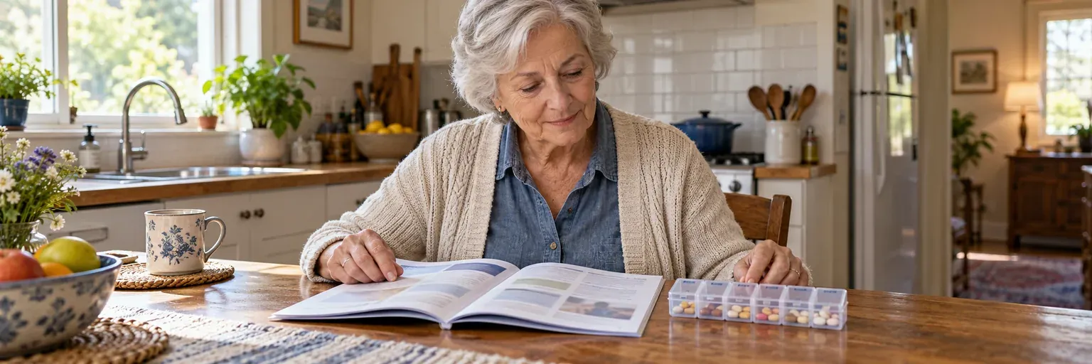 Older adult comparing a prescription plan booklet and pill organizer at a kitchen table