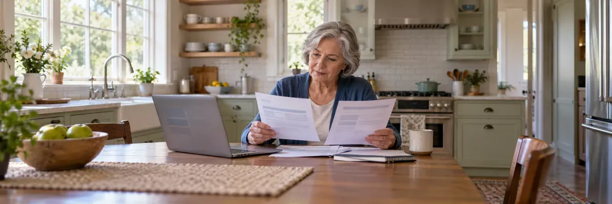 Older adult comparing plan documents at a table.