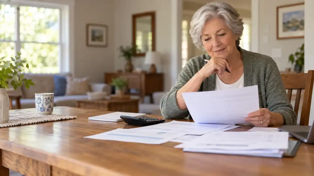 Older adult comparing plan documents at a table.