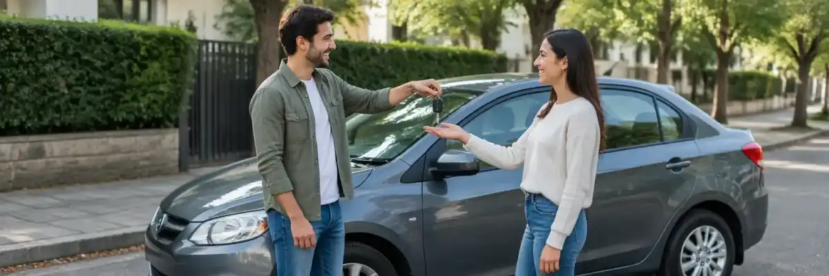Two friends exchanging a car key beside a parked sedan