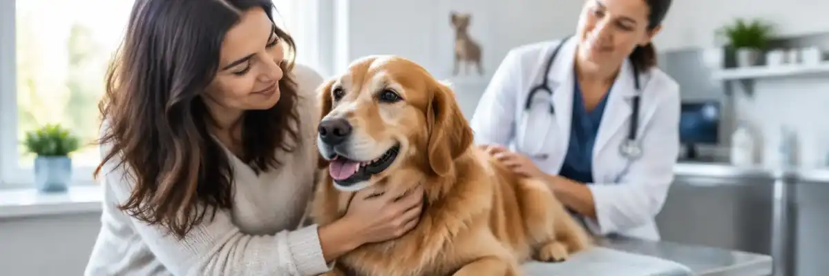 Pet owner comforting a dog during a veterinary visit